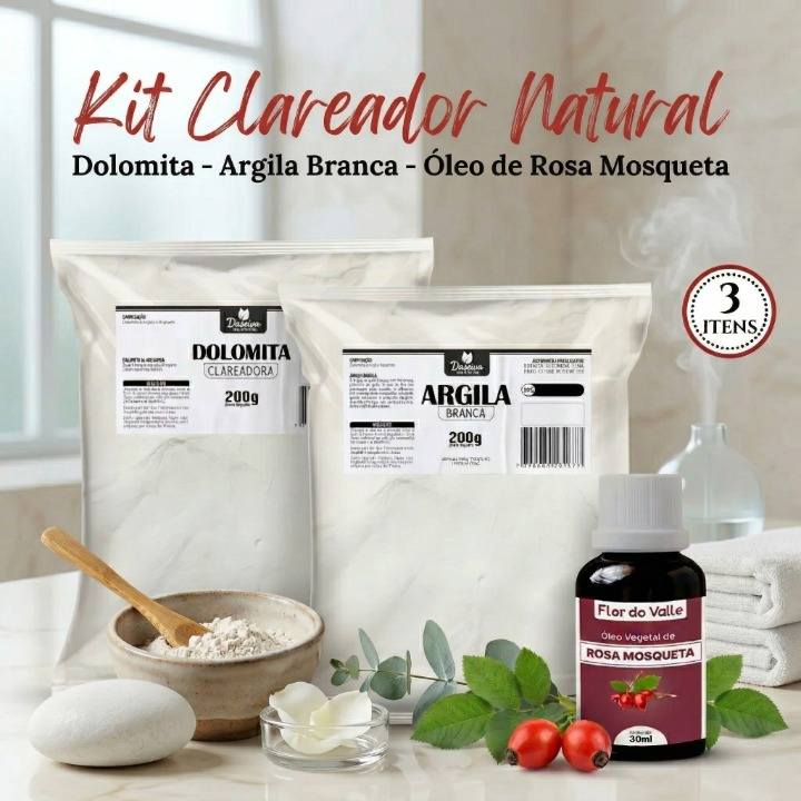 KIT CLAREADOR INTENSIVO: Argila Branca + Dolomita + Rosa Mosqueta