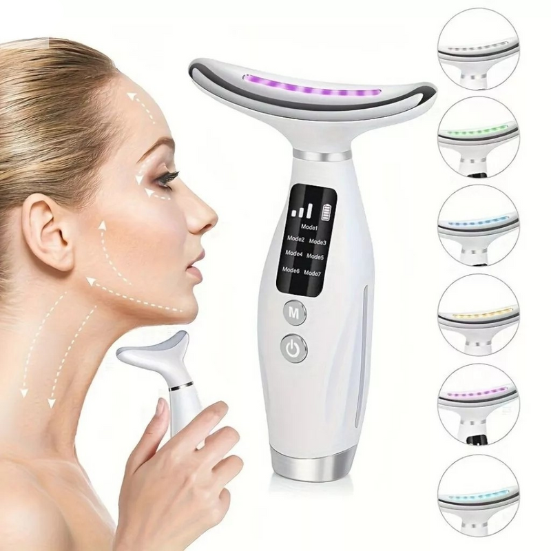 Massageador de Firmeza para Pele, LED 7 Funções, Recarregável USB, Uso Diário no Rosto e Pescoço